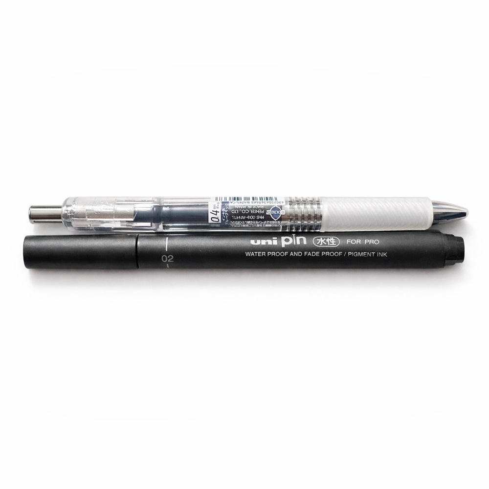 Uni Pin Black‎ Waterproof Pen 0.2 Nib and Pentel Energel Blue 0.4 Nib